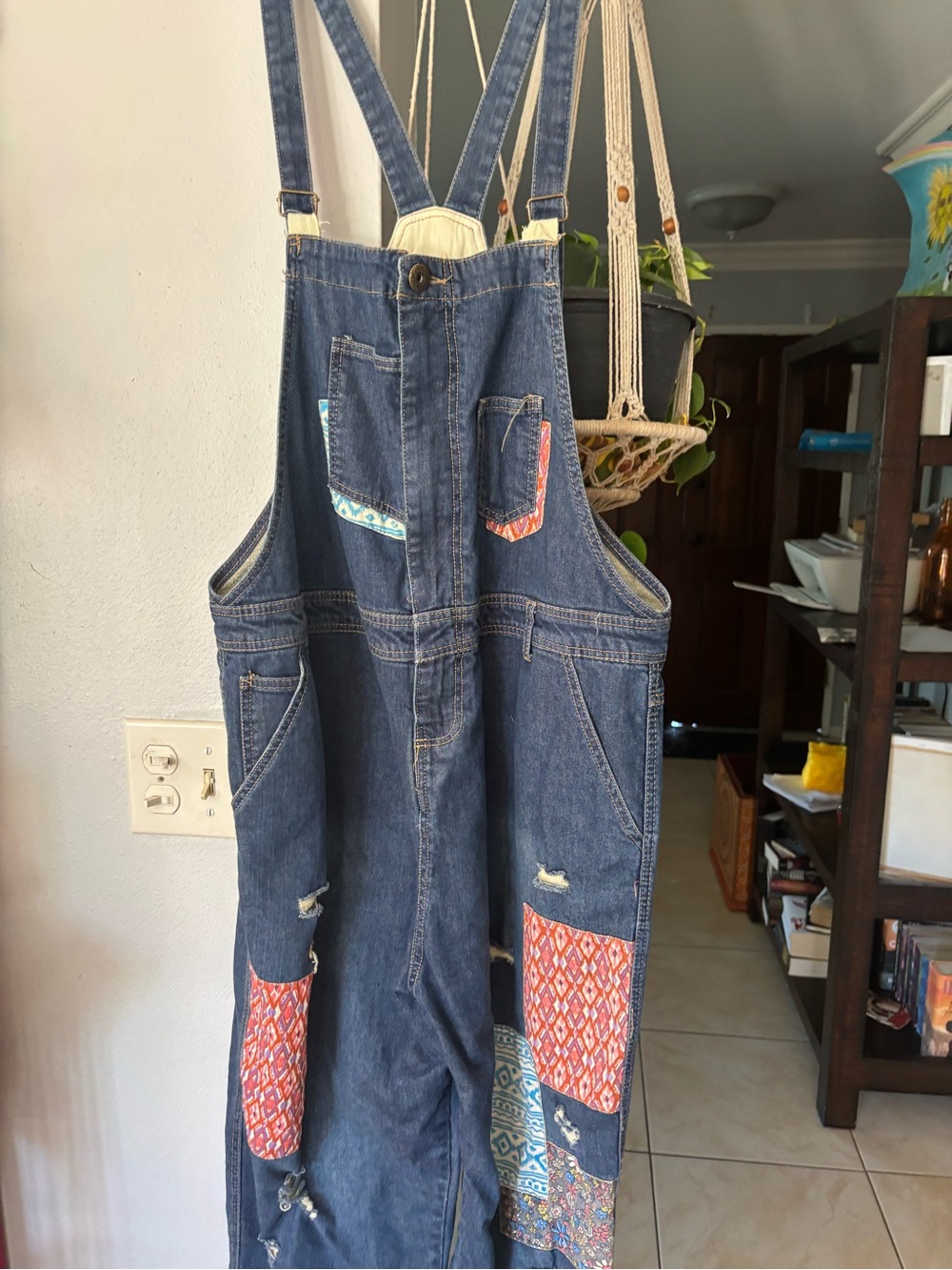Denim Patchwork Overalls with Colorful Tribal Accents xl